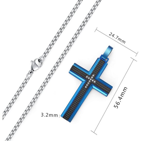 Men's Two-Tone Black & Blue Stainless Steel Carbon Fiber Cross Necklace - Picture 5 of 6